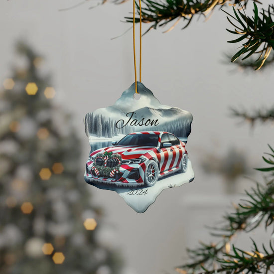 Personalized Holiday Car Ornament, Custom Double-Sided Ceramic Christmas Bauble, Festive Home Decor, BMW Lover Gift, Winter Keepsake The Aurora Touch