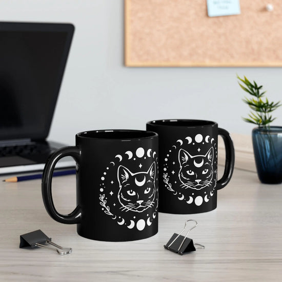 Black Mug (11oz, 15oz), Black Cat Moon Phase Mug, Astrology designed Coffee Mug , Multisize Moon tea cup, spellbound cat mug