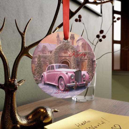 Personalized Pink Car Acrylic Ornament with Ribbon, Custom Christmas Decor, Holiday Keepsake, Family Gift, Vintage The Aurora Touch