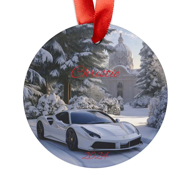 Personalized Acrylic Ornament with Ribbon, Custom Car Decoration, Holiday Keepsake, Unique Gift for Car Lovers, 2024 Memories, White Ferrari The Aurora Touch