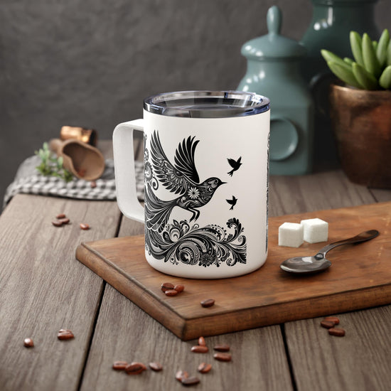 Bohemian Insulated Coffee Mug, 10oz - Perfect for Nature Lovers, Unique Gift for Birthdays, Travel Friendly, Bird Design, Camping Mug