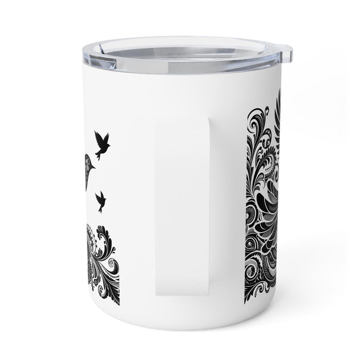 Bohemian Insulated Coffee Mug, 10oz - Perfect for Nature Lovers, Unique Gift for Birthdays, Travel Friendly, Bird Design, Camping Mug