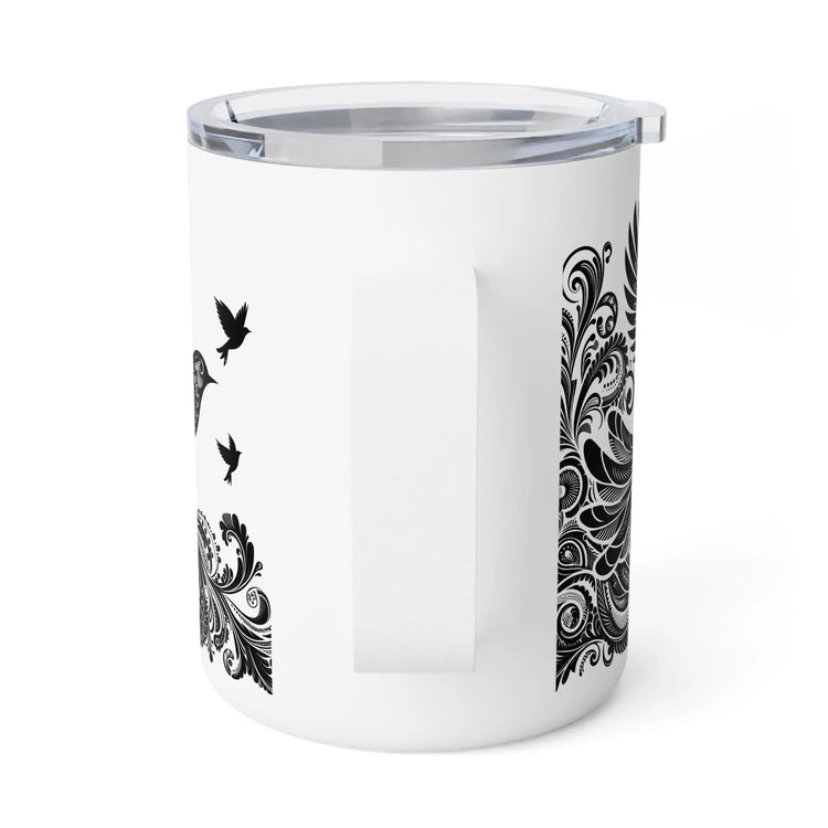 Bohemian Insulated Coffee Mug, 10oz - Perfect for Nature Lovers, Unique Gift for Birthdays, Travel Friendly, Bird Design, Camping Mug
