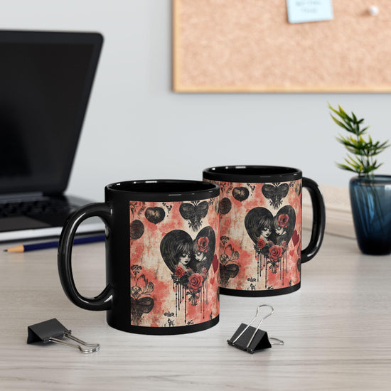 Gothic Love Black Mug | Artistic Coffee Cup with Hearts and Roses | Perfect for Gothic Home Decor, Valentine&