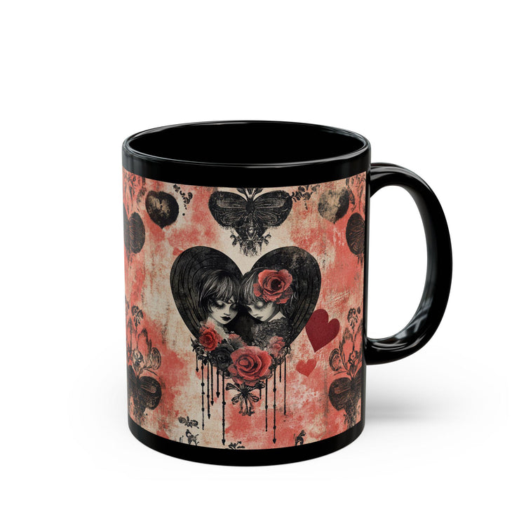 Gothic Love Black Mug | Artistic Coffee Cup with Hearts and Roses | Perfect for Gothic Home Decor, Valentine&