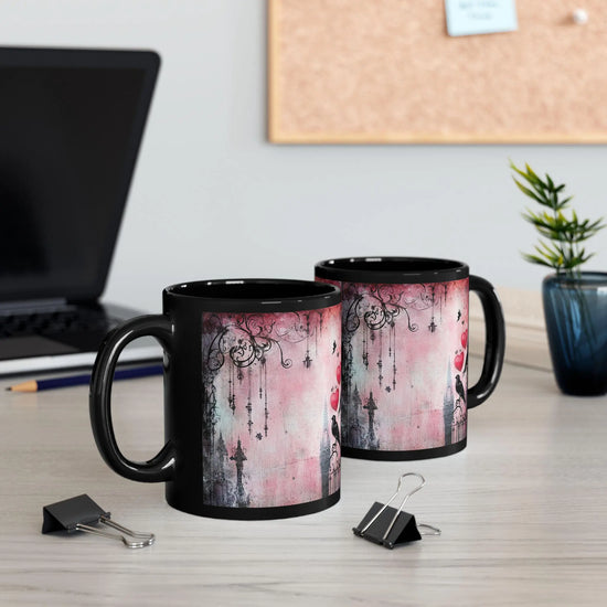 Gothic Love Scene Mug, Romantic Gift, Black Ceramic Coffee Cup, Halloween Decor, Unique Art Mug, Bird & Heart Design