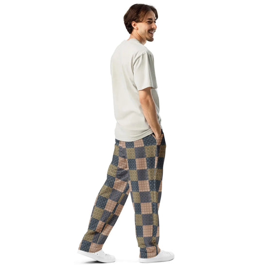 Men’s Geometric Checker Pattern Wide Leg Pants – Trendy Retro Style, Comfortable Loose Fit, Modern Fashion Statement, Streetwear Chic