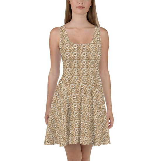 Womens Trendy White Gold Floral Skater Dress - Elegant Allover Print, Perfect for Parties, Weddings, or Special Occasions