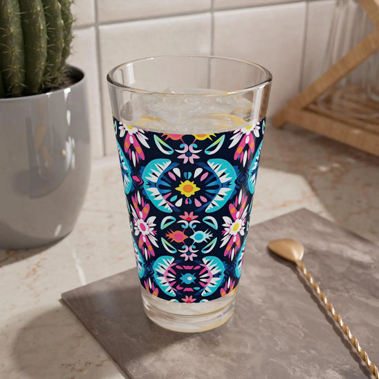 Colorful Floral Mixing Glass, 16oz Drinkware for Parties, Home Bar, Cocktail Lovers, Boho Kitchen Decor, Gift Idea