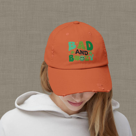 Bad and Boozy Distressed Cap, Perfect for St. Patricks Day, Casual Outings, Gift for Friends, Trendy Fashion Accessory, Unisex hat