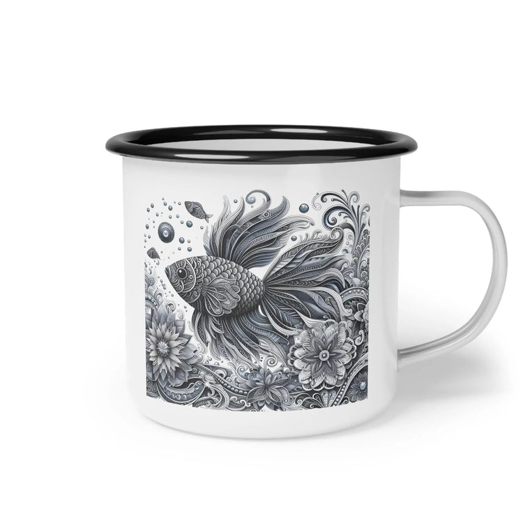 Stylish Enamel Camp Cup with Artistic Fish Design, Perfect for Outdoor Adventures, Camping, and Coffee Lovers, Unique Gift Idea, Fishing,