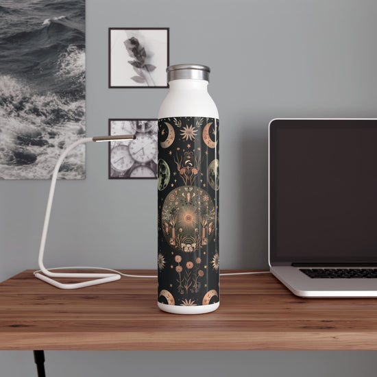 Celestial Floral Slim Water Bottle, Astrological Gift, Eco-Friendly Hydration, Outdoor Adventure Accessory, Planetary Design, Reusable