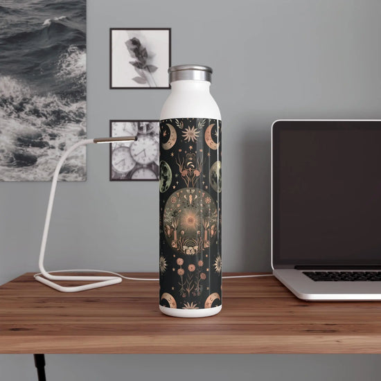 Celestial Floral Slim Water Bottle, Astrological Gift, Eco-Friendly Hydration, Outdoor Adventure Accessory, Planetary Design, Reusable