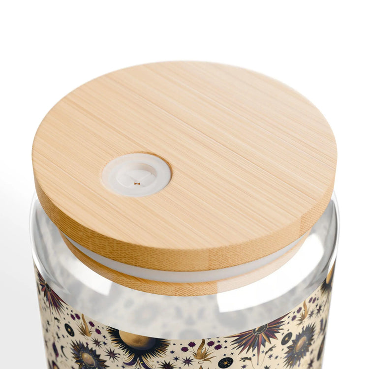 Celestial Sipper Glass, 16oz Starry Sky Design for Eco-Friendly Drinks, Astrology Lovers, Gift for Any Occasion, Sun and Moon Decor