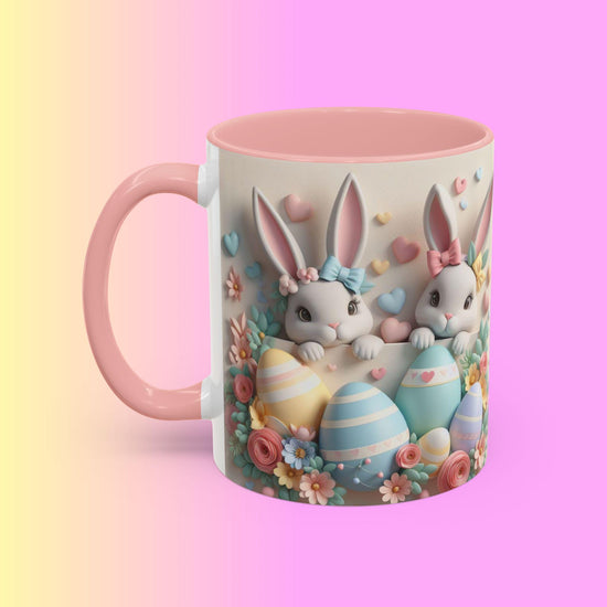 3D Easter Bunnies Coffee Mug, Spring Holiday Tea Cup, Easter Bunny Kitchen Decor, Cute Rabbit Drinkware, Pastel Easter Mug