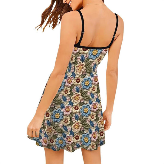 Womens Crotchet Sublimation Print Design Short Spaghetti Strap A-Line Dress | Great Casaual Floral Pattern Print Design