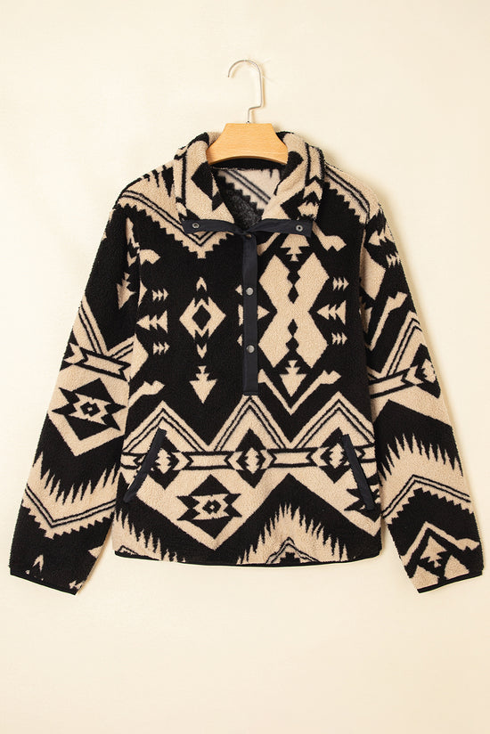 Black Western Aztec Half Zip Plush Sweatshirt- Trendy Comfy Wear