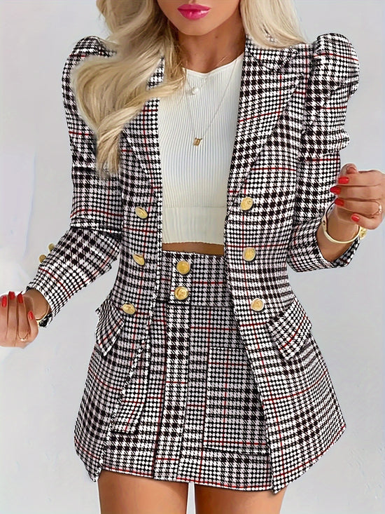 Ladies Fashion Casual Slim Suit Two-piece Plaid Pattern with Buttons, Lapel Long Sleeve Suit Jacket and High Waist Skirt