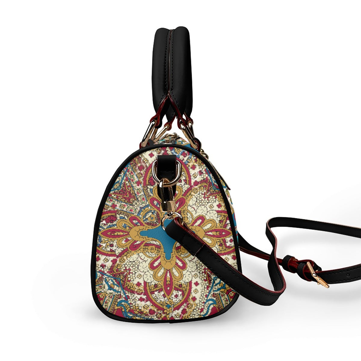 Classic Barrel-Shaped Vegan Leather Luxury Handbag- Paisley Print Design