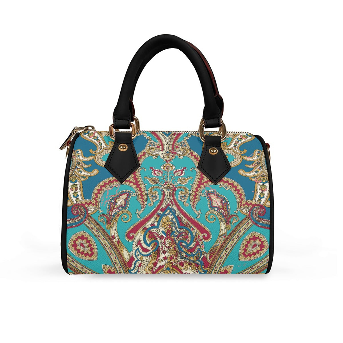 Classic Barrel-Shaped Vegan Leather Luxury Handbag- Paisley Print Design