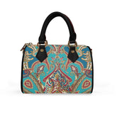 Classic Barrel-Shaped Vegan Leather Luxury Handbag- Paisley Print Design