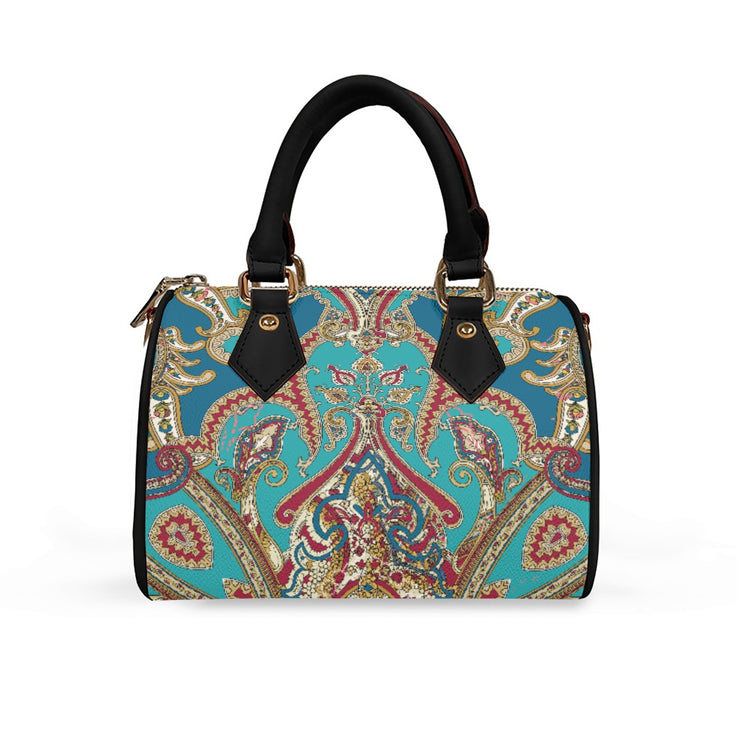 Classic Barrel-Shaped Vegan Leather Luxury Handbag- Paisley Print Design