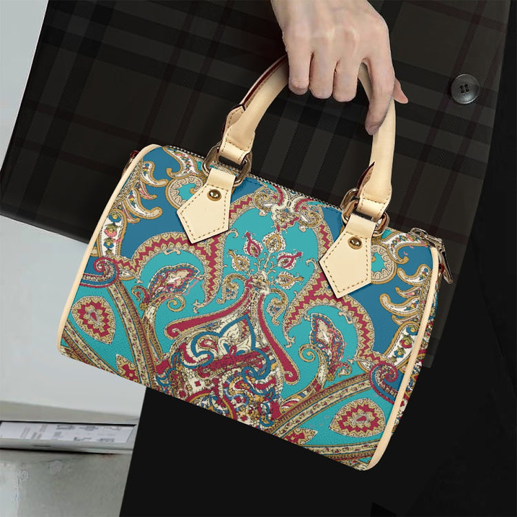 Classic BarrelShaped Vegan Leather Luxury Handbag Paisley Print Design