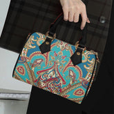 Classic Barrel-Shaped Vegan Leather Luxury Handbag- Paisley Print Design