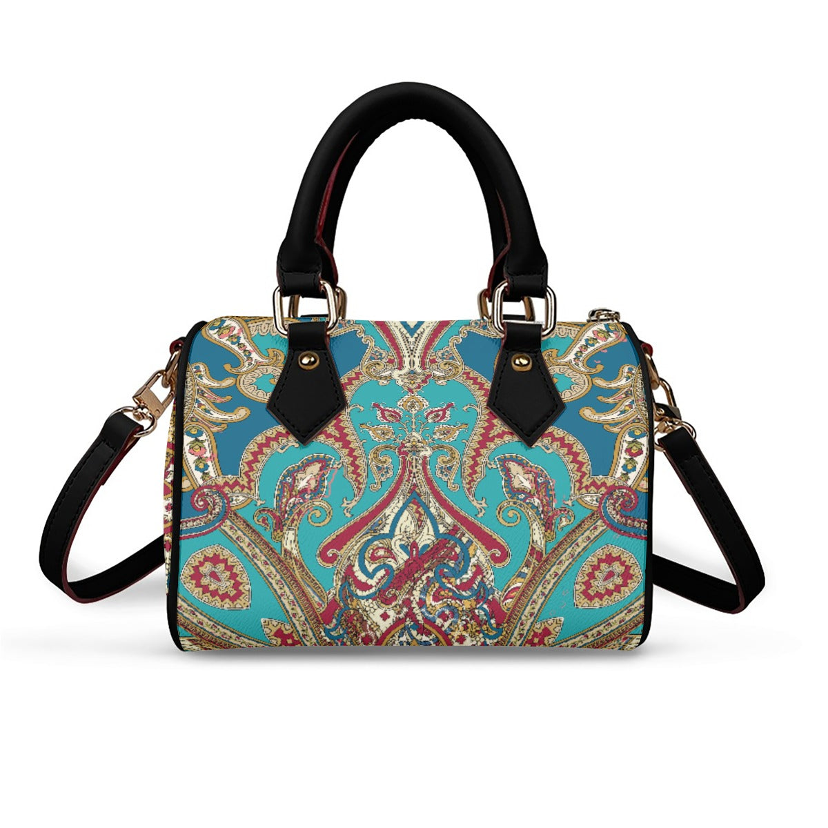 Classic Barrel-Shaped Vegan Leather Luxury Handbag- Paisley Print Design