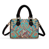 Classic Barrel-Shaped Vegan Leather Luxury Handbag- Paisley Print Design