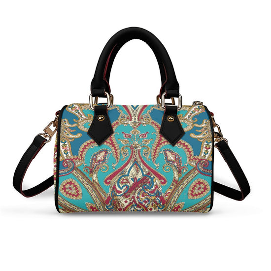 Classic Barrel-Shaped Vegan Leather Luxury Handbag- Paisley Print Design