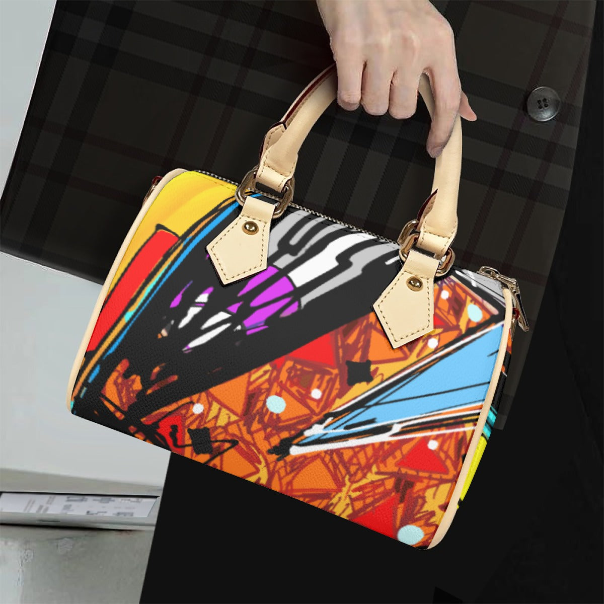 Classic Barrel-Shaped Vegan Leather Handbag- Retro Bold Pri