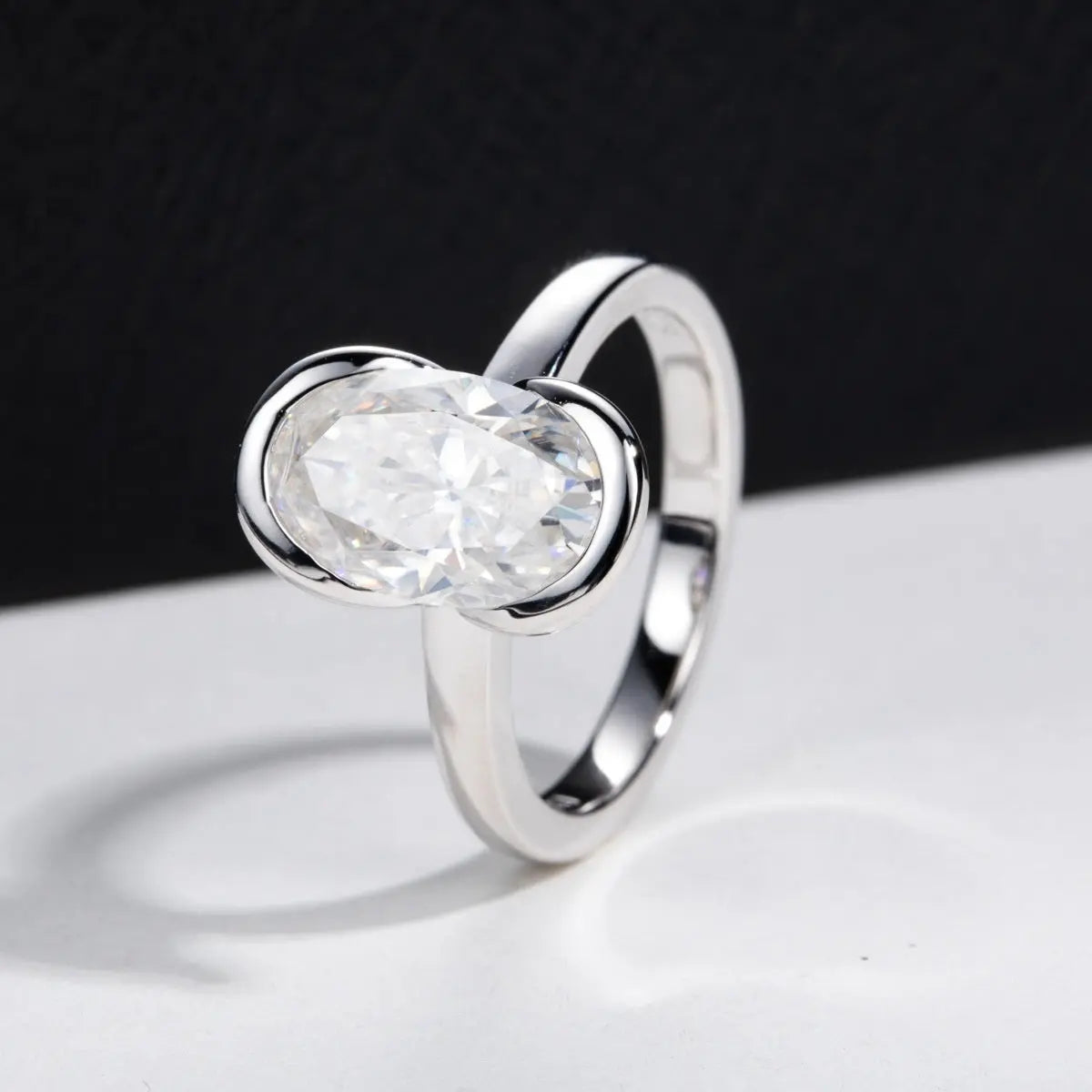 Silver Oval Semi Mount Ring With A 3 Carat Fancy shaped Moissanite For Women - The Aurora Touch