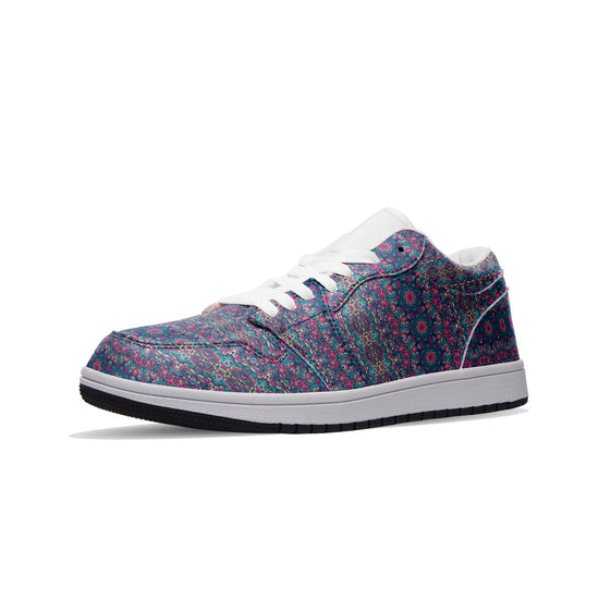 Unisex Low Top Leather Vibrant Blue and Purple HuesEthnic Tile Pattern Design Sneakers