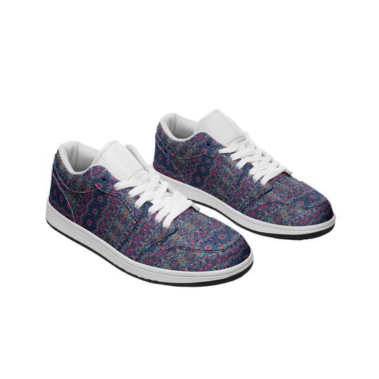 Unisex Low Top Leather Vibrant Blue and Purple HuesEthnic Tile Pattern Design Sneakers