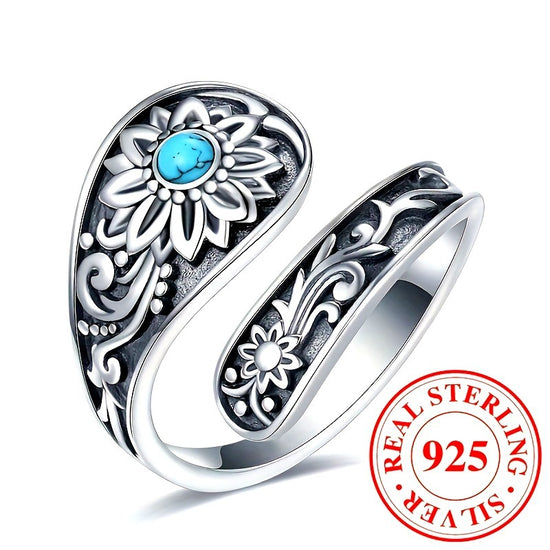 925 Silver Spoon Ring - Exquisitely Carved With Sunflowers, Embellished With Inlaid Turquoise