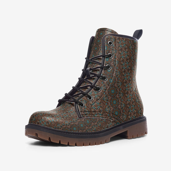 Unisex Casual Leather Lightweight Brown Teal Blue Ethnic Textile Pattern Design boots MT