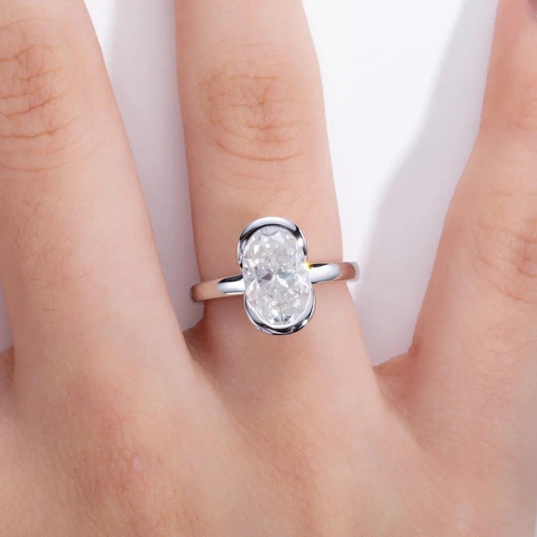 Silver Oval Semi Mount Ring With A 3 Carat Fancy shaped Moissanite For Women - The Aurora Touch