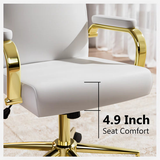 Executive Stylish White Leather Office Chair High Back with Gold Arms and Wheels | Excellent Back Support
