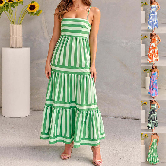 Summer Striped Printed Suspender Long Dress With Pockets | Fashion Square Neck Backless Dress