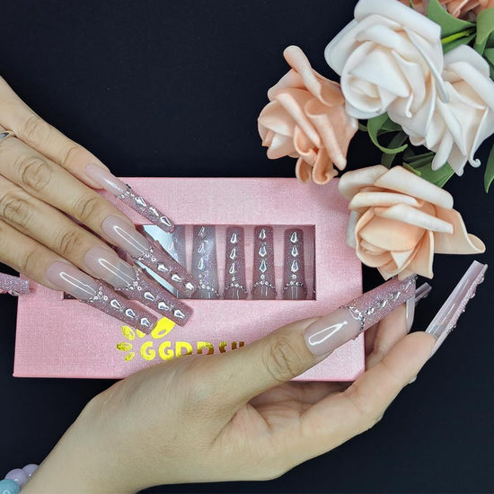 New Shiny Crystal Long Press on Nails with Diamonds