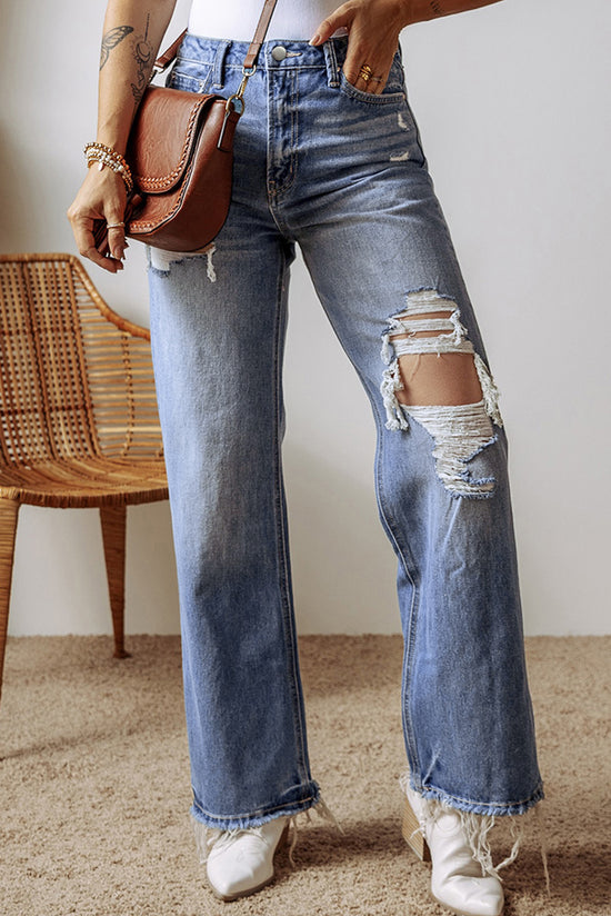The Aurora Touch Blue Distressed Raw Hem Straight Leg High Waist Jeans