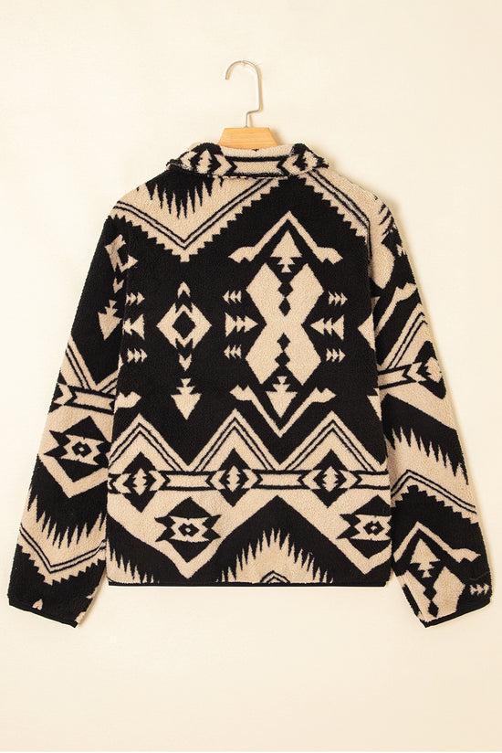 Black Western Aztec Half Zip Plush Sweatshirt- Trendy Comfy Wear
