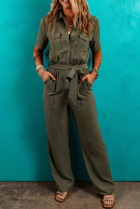 Moss Green Half Button Belted Utility Short Sleeve Jumpsuit
