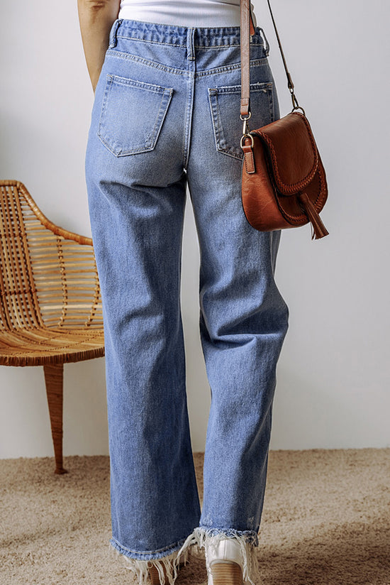 The Aurora Touch Blue Distressed Raw Hem Straight Leg High Waist Jeans
