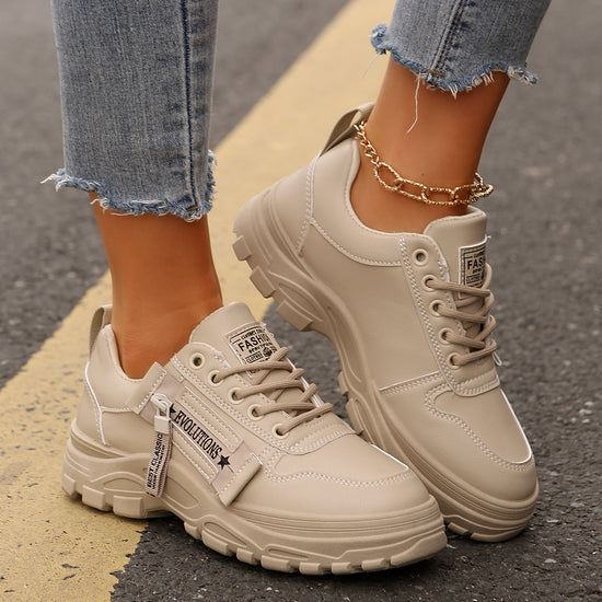 Lace-up Sports Shoes With Side-Zipper Design | Fashion Thick-soled Round-toe Casual Shoes For Women Sneakers