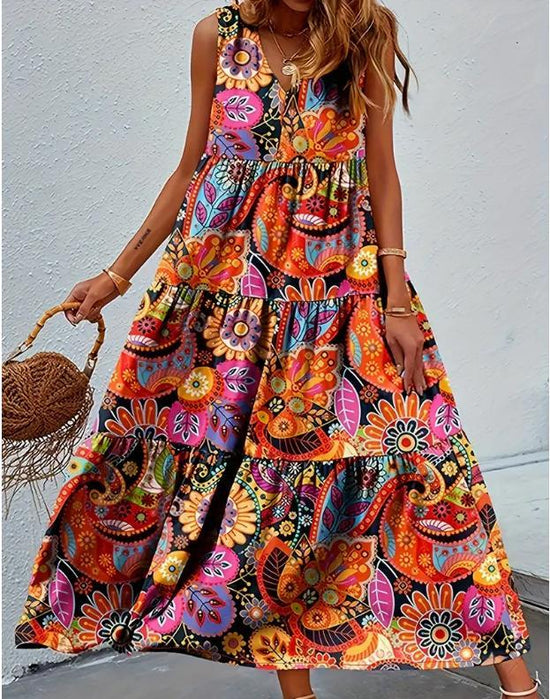 Bohemian Plus Size Dress | Loose Round Neck Ruffle Big Swing Summer Casual Dress