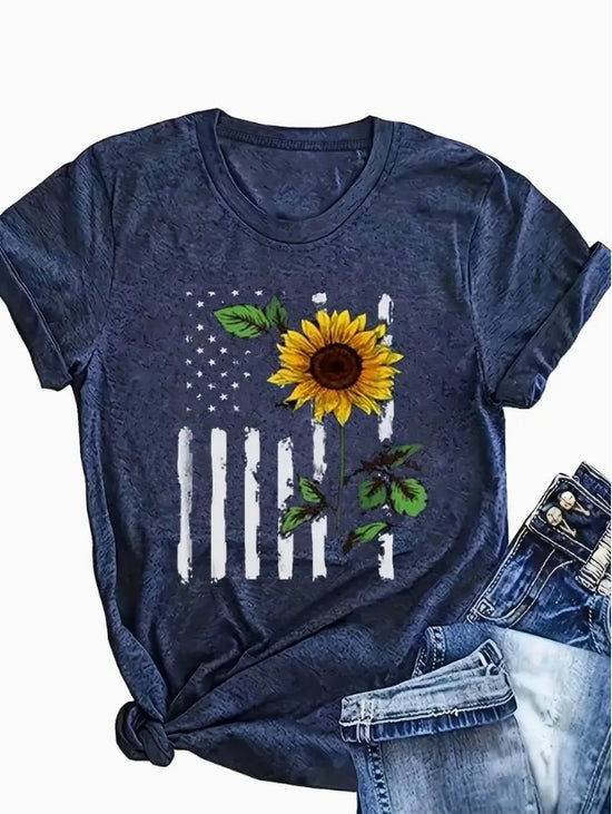 Plus Size American Flag - Printed Round Neck T-Shirt - Casual And Loose - Daily Wear - Women&