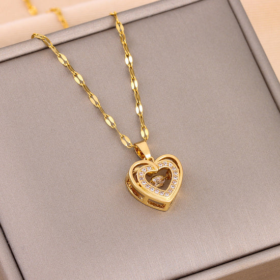 Double-layer Love Necklace With Rhinestones |Titanium Steel Pendant Fashion Jewelry