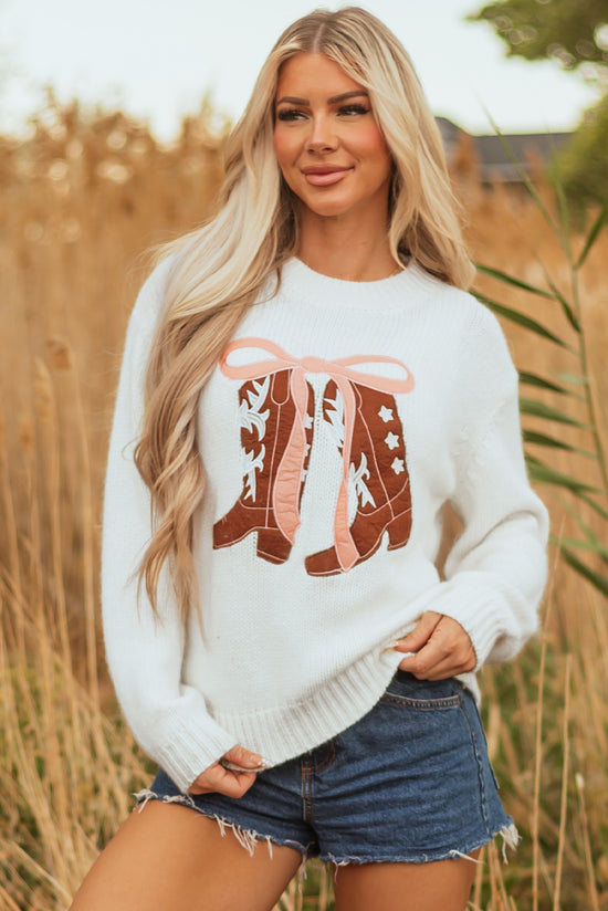 White Embroidered Bow Boots Graphic Drop Shoulder Sweater